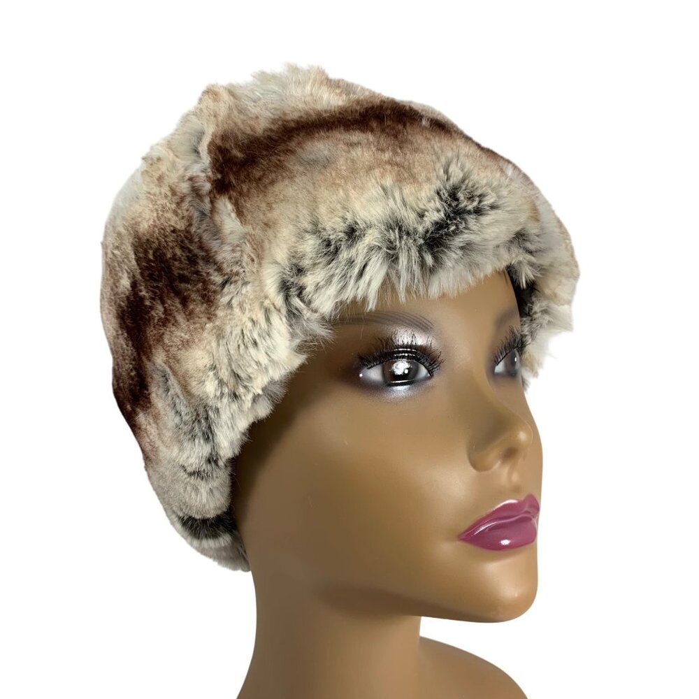 Vintage Faux Fur Winter Headband In Brown & Cream With Gray Lining